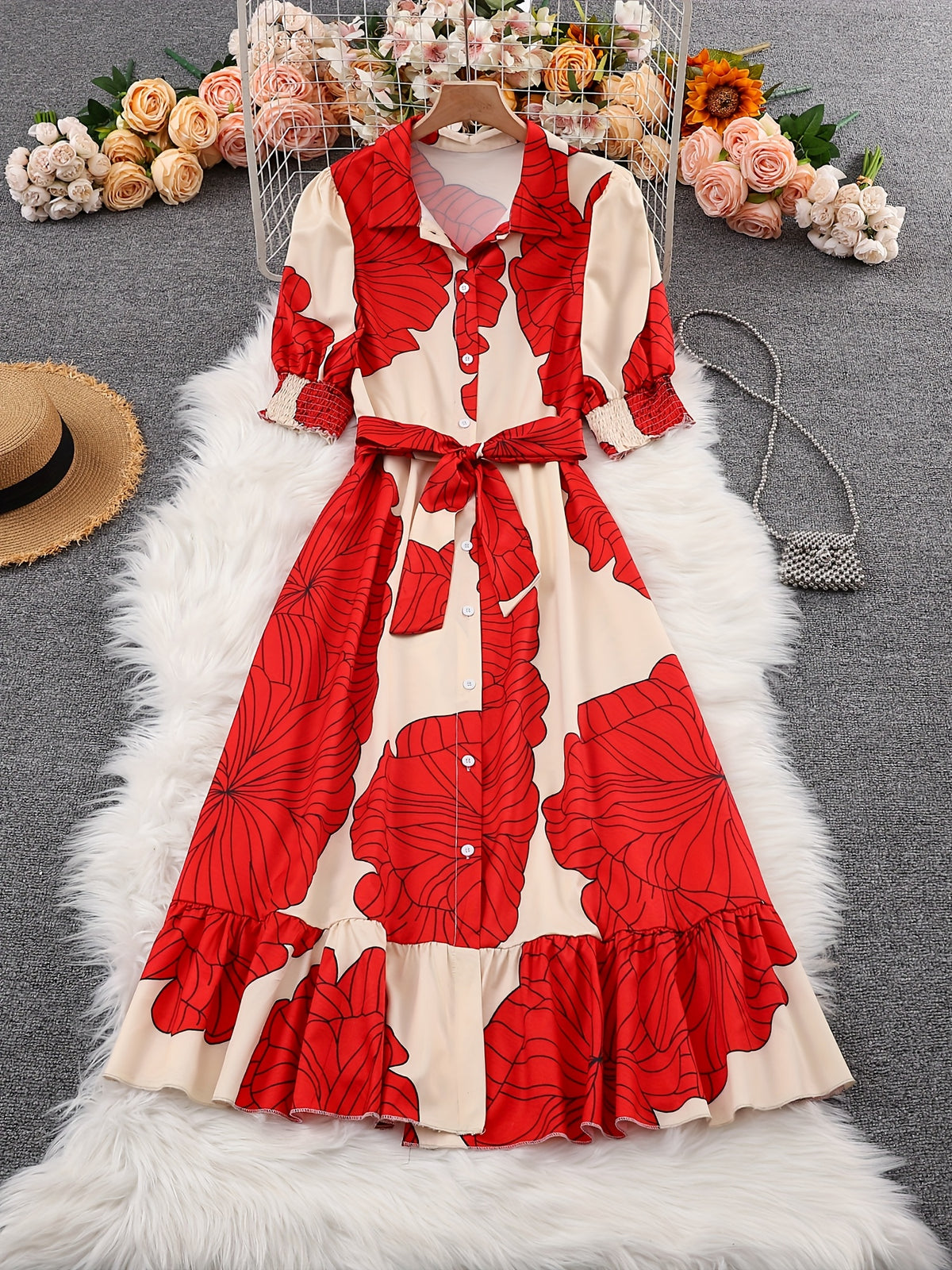 Robe longue chemise fleurie à nouer à la taille – Robe élégante à manches longues et coupe trapèze