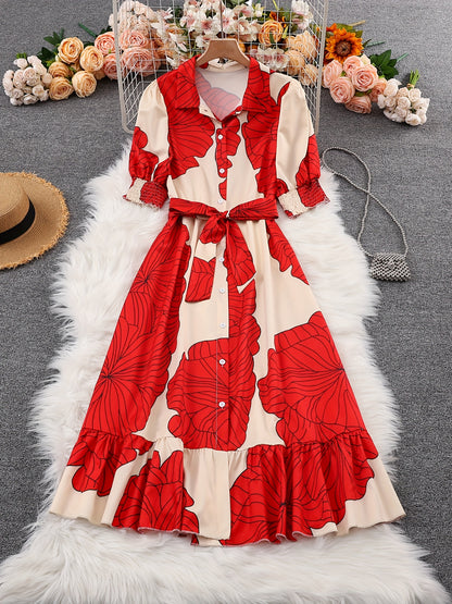 Robe longue chemise fleurie à nouer à la taille – Robe élégante à manches longues et coupe trapèze