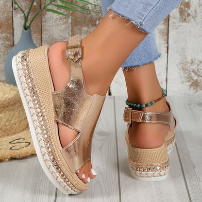 Loom & Soul™ Shiny Wedge Sandals – Women’s Hollow Fish Mouth Buckle Sandals