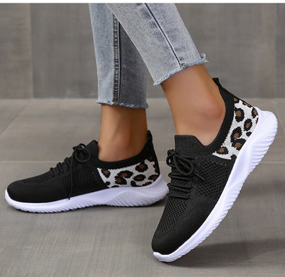 Loom & Soul Leopard Print Lace-Up Sneakers – Women’s Casual White Sports Shoes with Round Toe