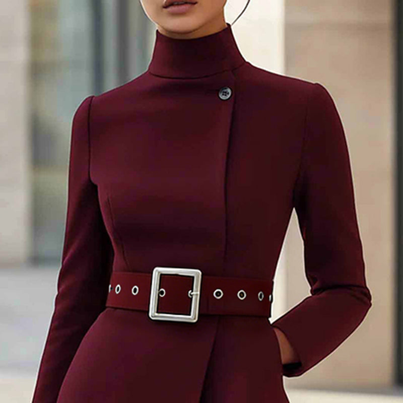 Women’s Stand Collar Belted Midi Dress – Slim Fit Office Elegance