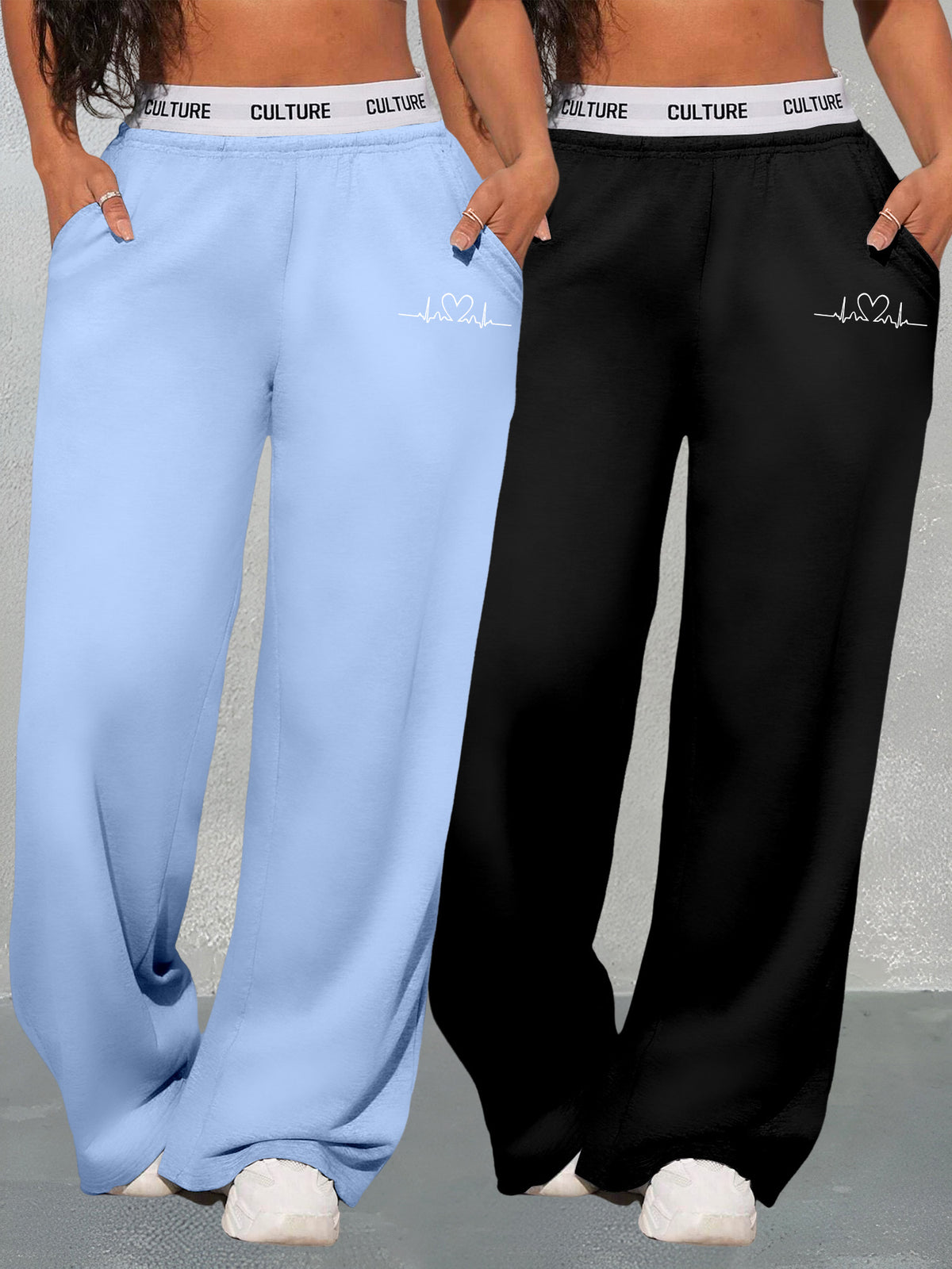 Ensemble deux pièces imprimé cœurs géométriques pour femme – Pantalon large taille haute