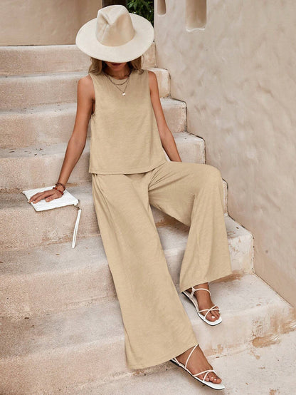 Women’s Linen Two-Piece Set – Sleeveless Top & Loose Pants Outfit