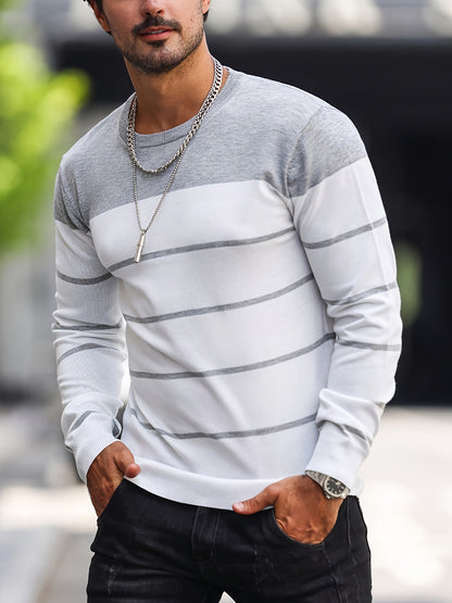 Men’s Navy Striped Knit Sweater – Casual Crew Neck Pullover