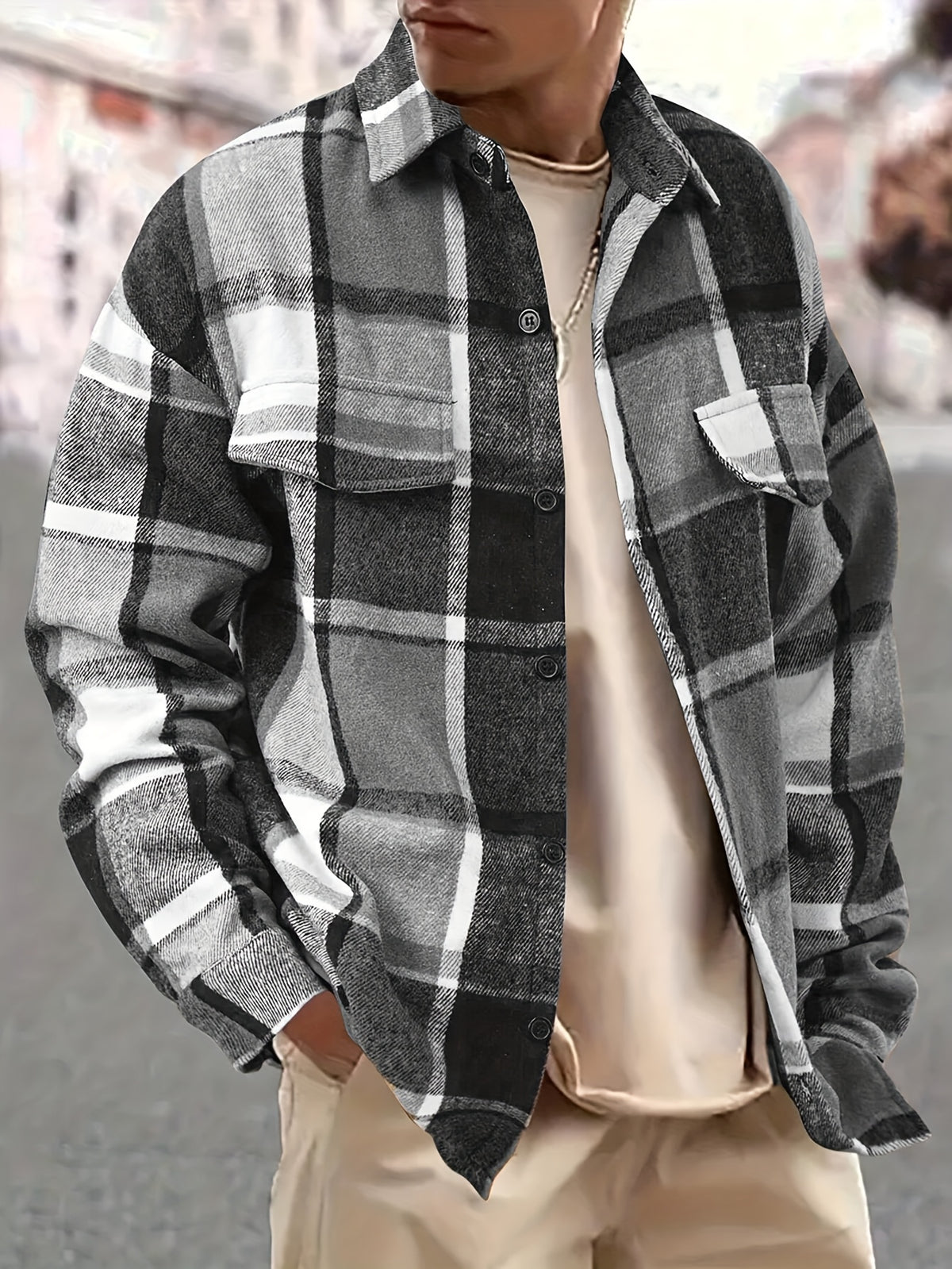 Men’s Vintage Plaid Shirt – Black & White Check Loose Button-Up Top