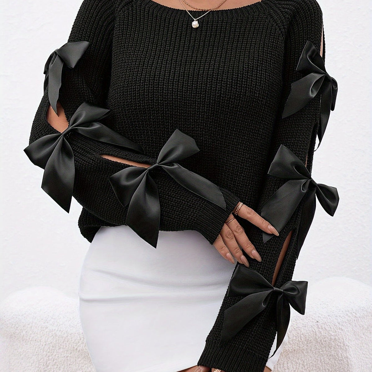 Chandail à manches creuses et nœud papillon – Haut en tricot élégant à col rond pour femme