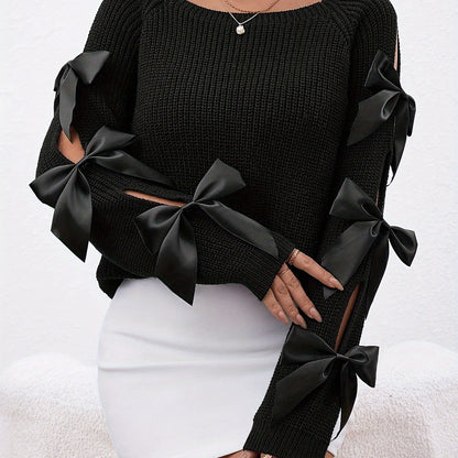 Chandail à manches creuses et nœud papillon – Haut en tricot élégant à col rond pour femme