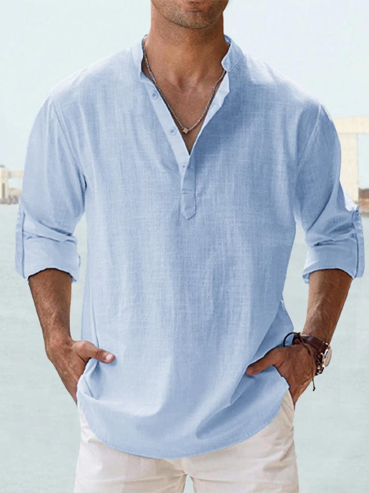 Men’s Stand Collar Sports Shirt – Loose Fit Breathable Cotton Pullover