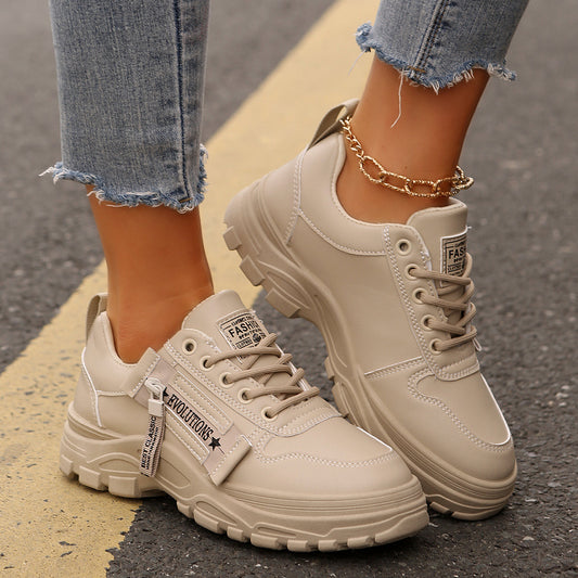 Loom & Soul™ Side-Zip Lace-Up Sneakers – Women’s Thick-Soled PU Casual Shoes with Color-Block Stitch Design