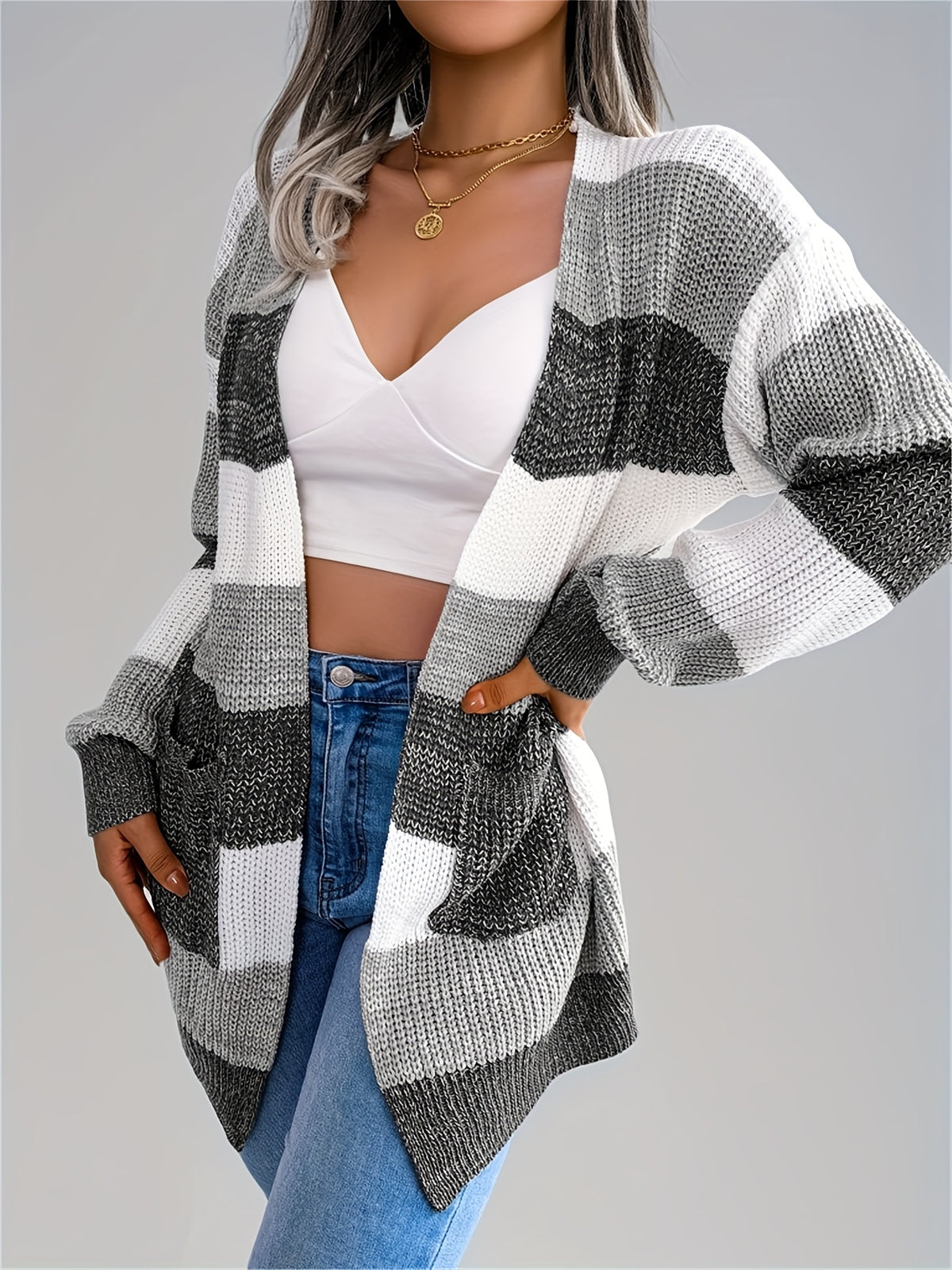 Cárdigan a rayas con bloques de color para mujer – Suéter de punto de invierno con mangas abullonadas