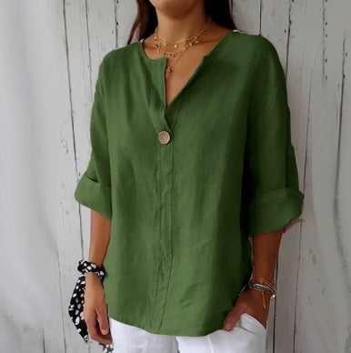 Haut boutonnée en coton et lin à col en V pour femme Loom & Soul™ – Blouse ample à manches longues