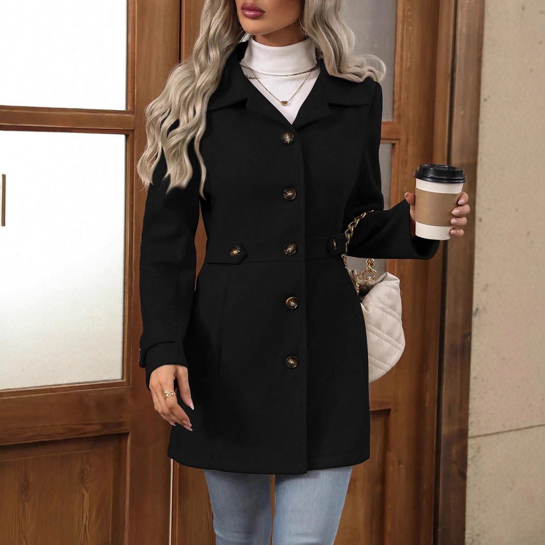 Manteau élégant en laine Loom & Soul™ – Veste mi-longue à revers et simple boutonnage pour femme, pour un style hivernal sans effort