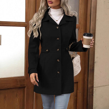 Manteau élégant en laine Loom & Soul™ – Veste mi-longue à revers et simple boutonnage pour femme, pour un style hivernal sans effort