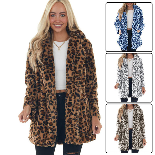 Veste mi-longue léopard en peluche pour femme – Manteau ample affirmé