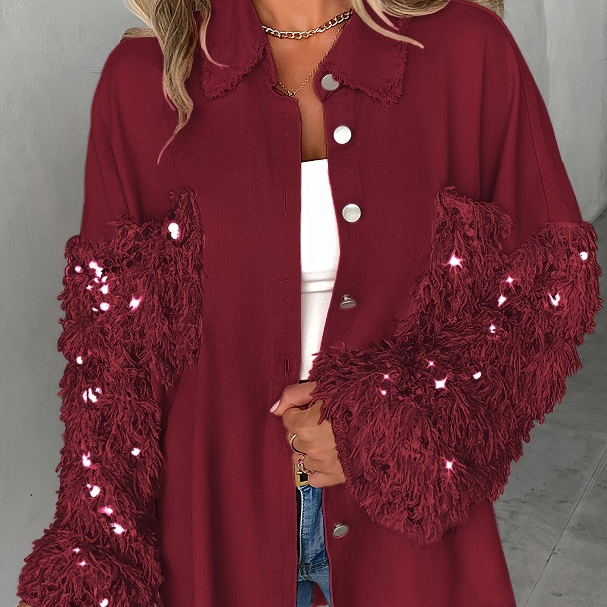 Veste chemise patchwork à paillettes et pampilles pour femme – Veste à manches longues contrastantes duveteuses
