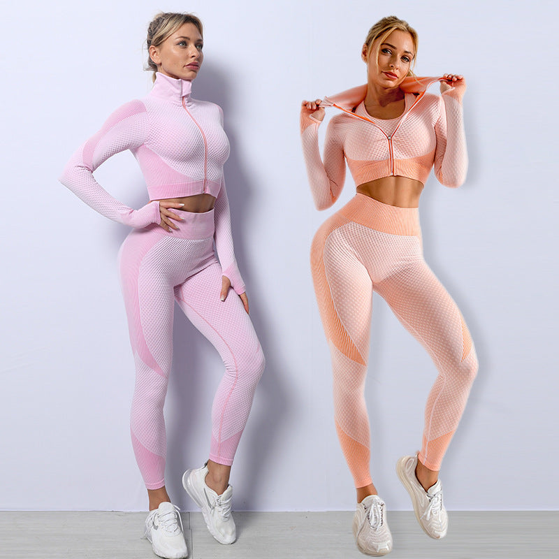 Ensemble de yoga sans coutures 3 pièces Loom & Soul pour femme – Soutien-gorge de sport, crop top et leggings, tenue de sport et de fitness à séchage rapide