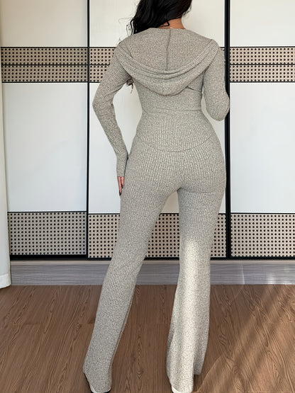 Hooded Zip-Up Set – Women’s Ribbed Flare Pants & Jacket Two-Piece
