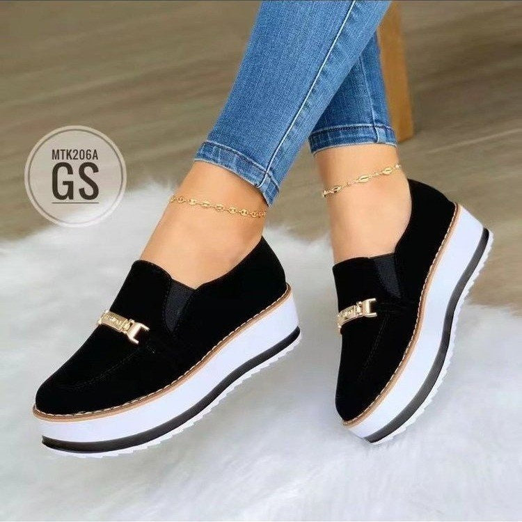 Loom & Soul™ Women’s Slip-On Platform Sneakers – Casual PU Leather Flats with Low Wedge Comfort Sole