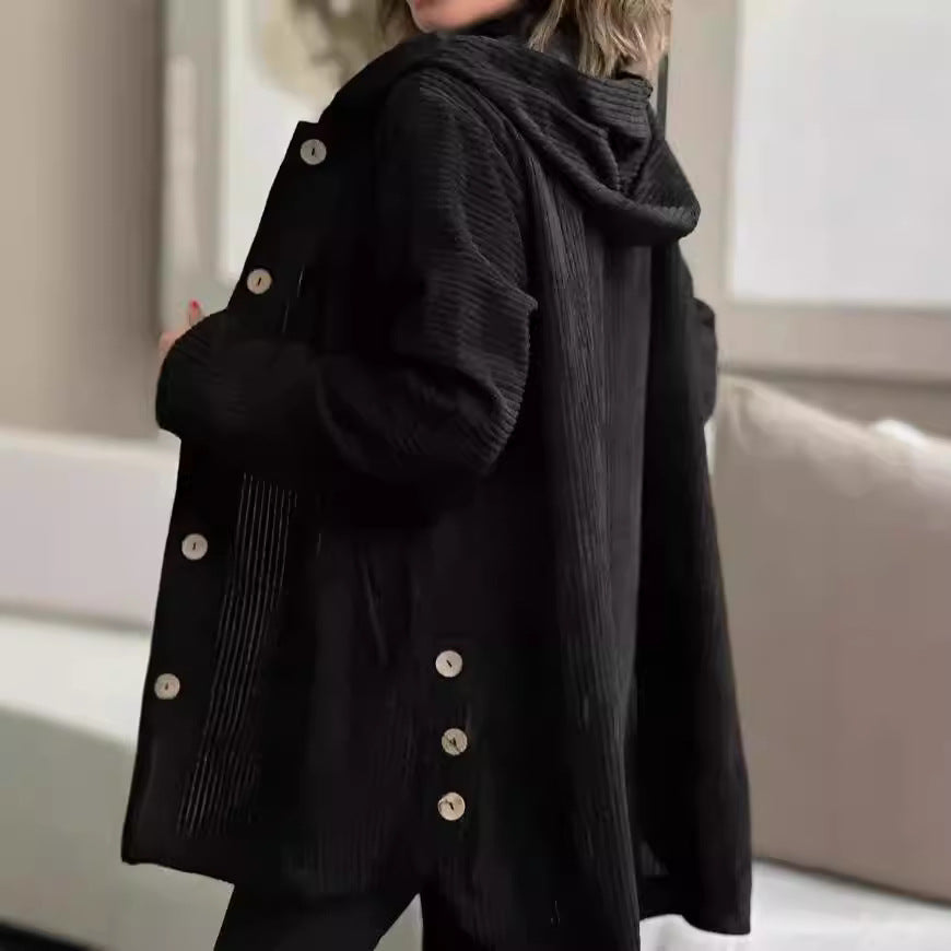 Veste à capuche en velours côtelé pour femme – Manteau chaud décontracté mi-long