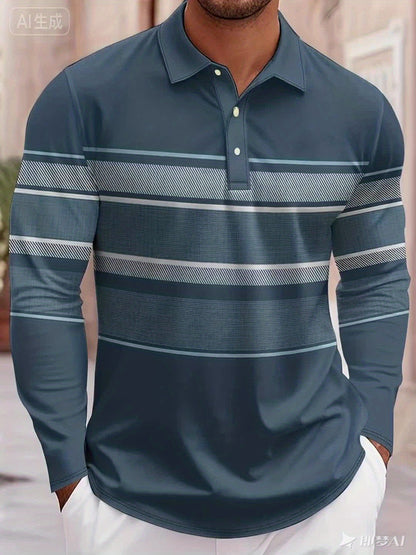 Men’s Blue & White Striped Polo Shirt – Long Sleeve Casual Preppy Polo