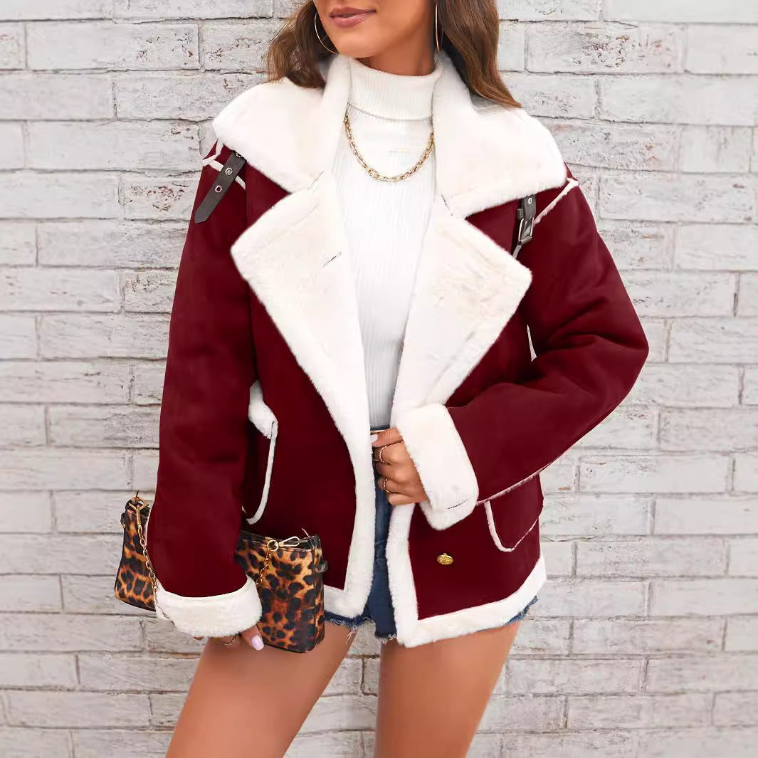 Loom & Soul™ Women’s Plush Polo Collar Jacket – Thick Winter Fleece Coat for Cozy Korean Street Style