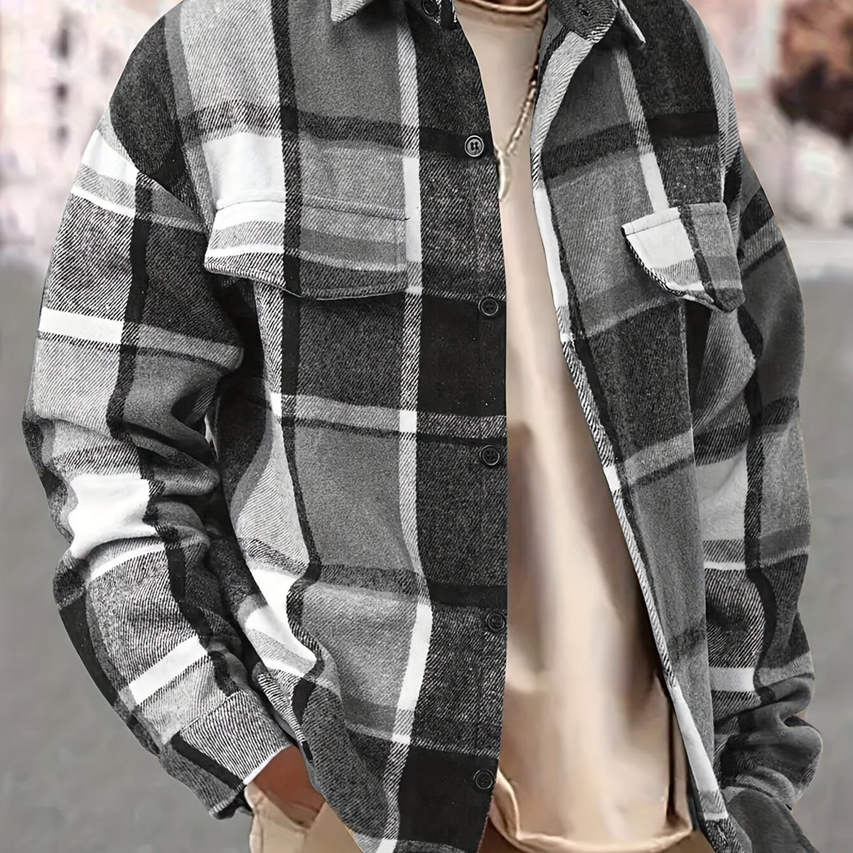 Men’s Vintage Plaid Shirt – Black & White Check Loose Button-Up Top