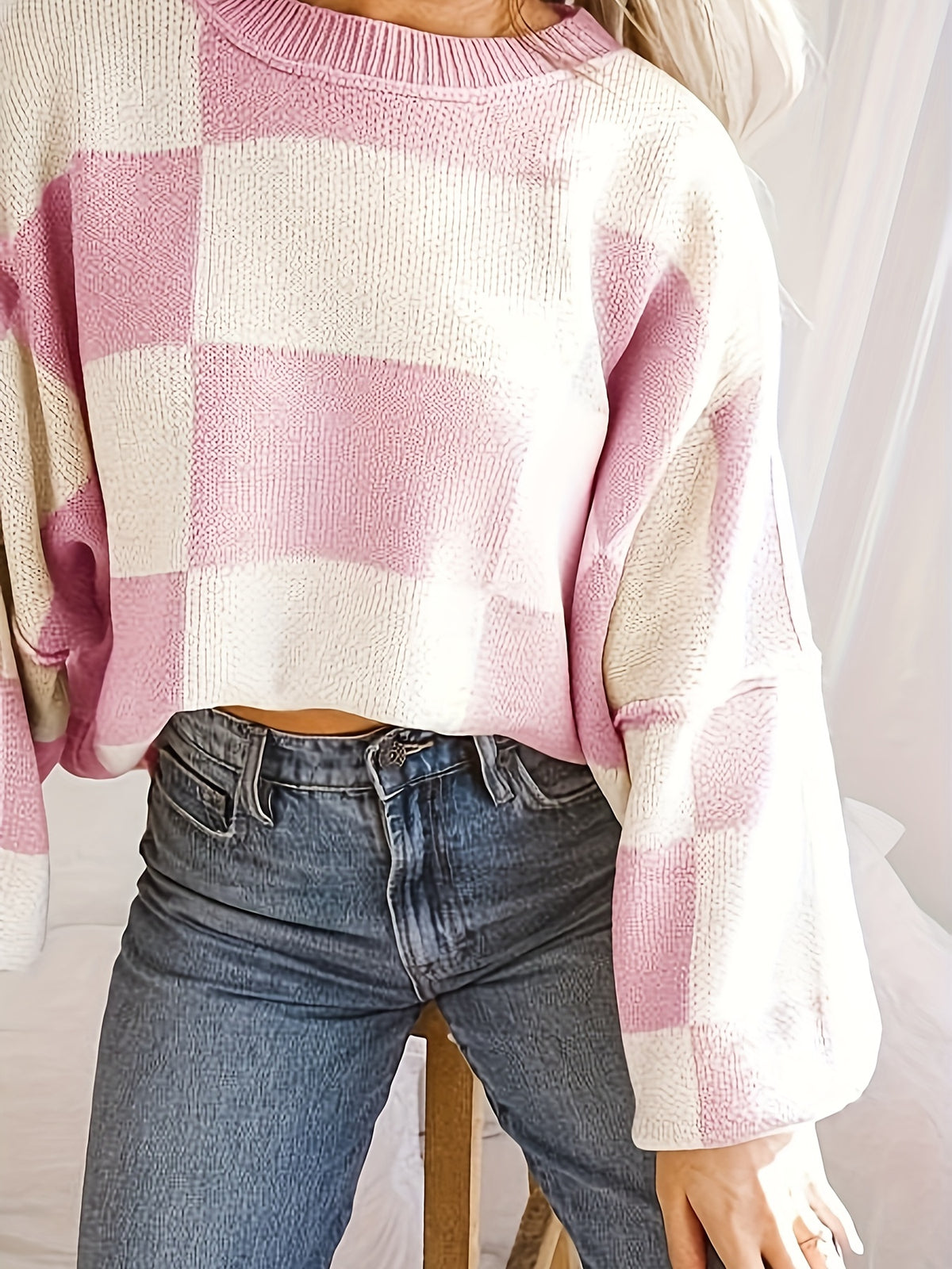Checkered Knit Sweater – Cozy Fall/Winter Crewneck Plaid Pullover