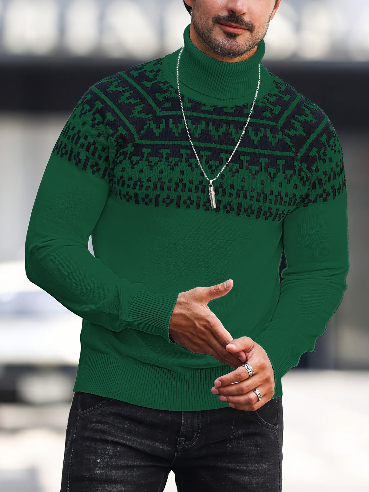 Men’s Geometric Turtleneck Sweater – Casual Knit Pullover for Fall & Winter