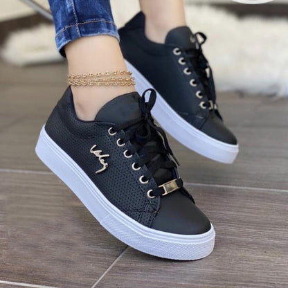 Loom & Soul™ Women’s Flat Lace-Up Sneakers – Breathable Patent PU Casual Shoes with Soft PU Sole