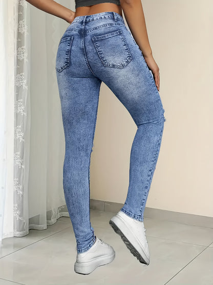 Pantalones ajustados de mezclilla elástica rasgados de cintura alta para mujer