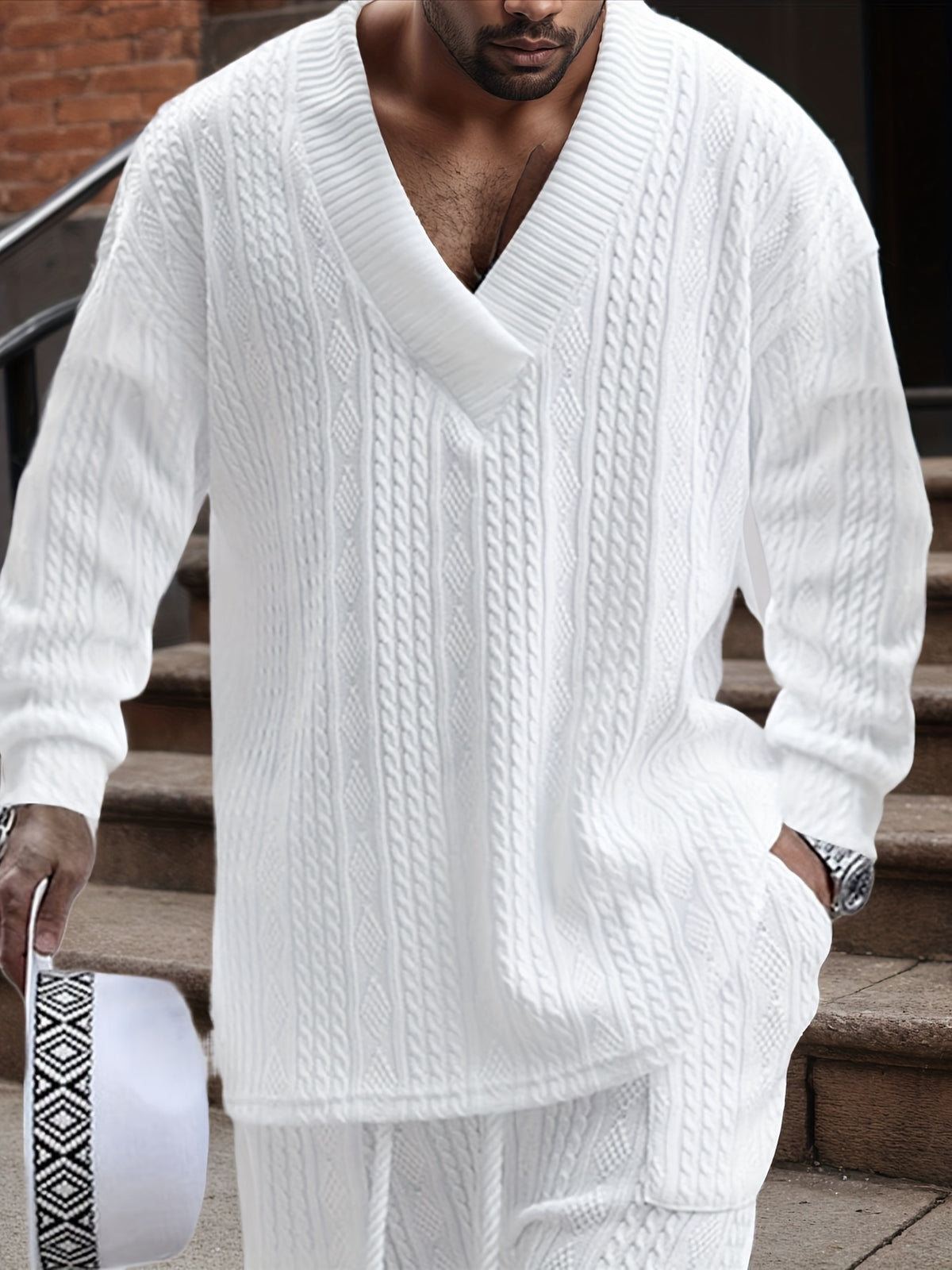 Men’s V-Neck Knit Sweater – Jacquard Rib Casual Pullover