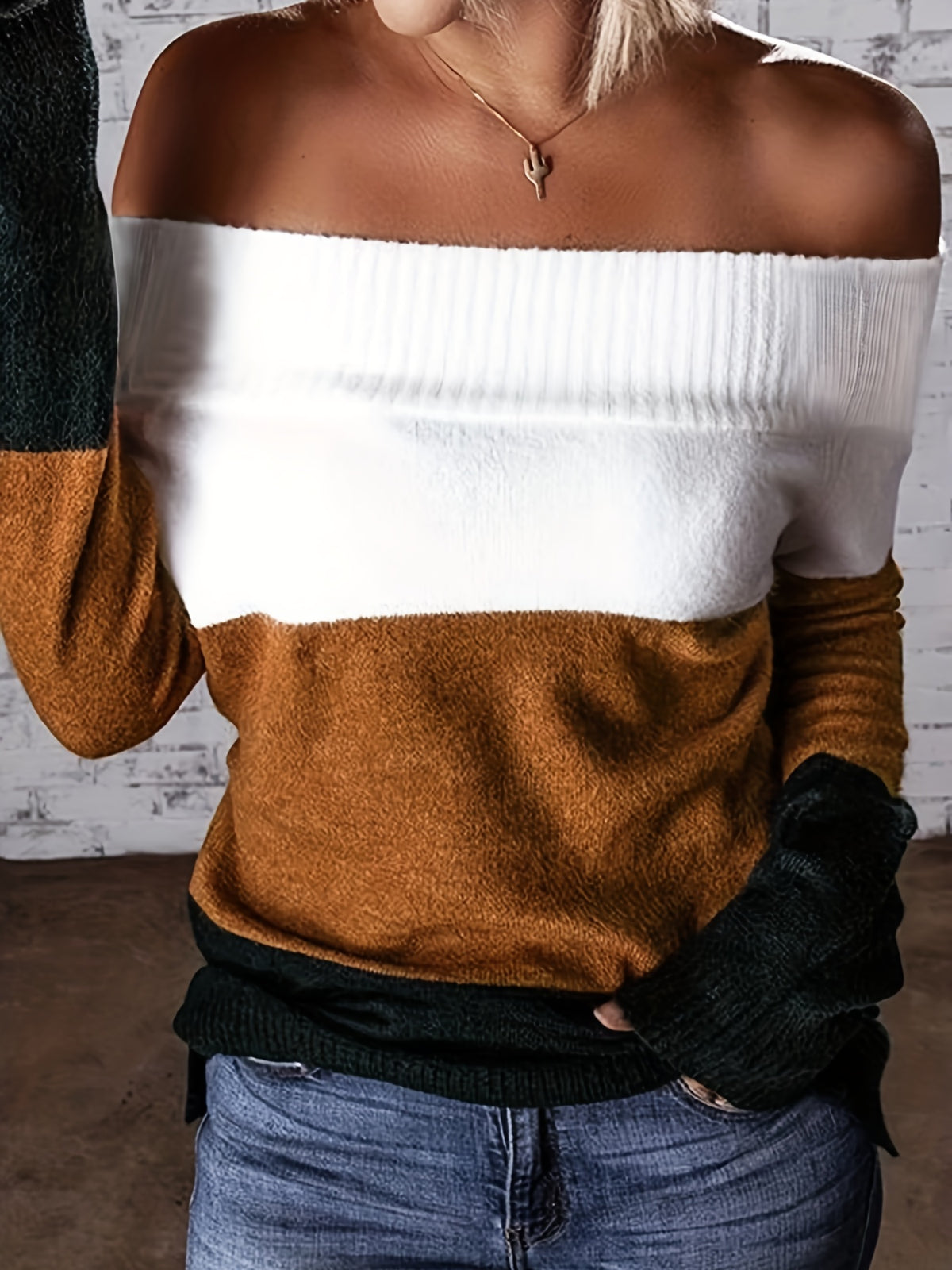 Women’s Off-Shoulder Color Block Sweater – Chic Fall Knit Pullover