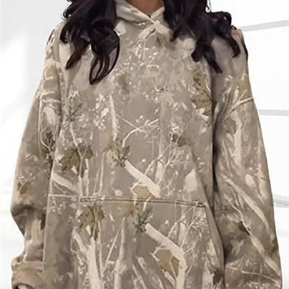 Haut à capuche floral décontracté Loom & Soul pour femmes – Pull ample avec manches lanternes, poche avant et imprimé numérique (Kaki, Gris clair)
