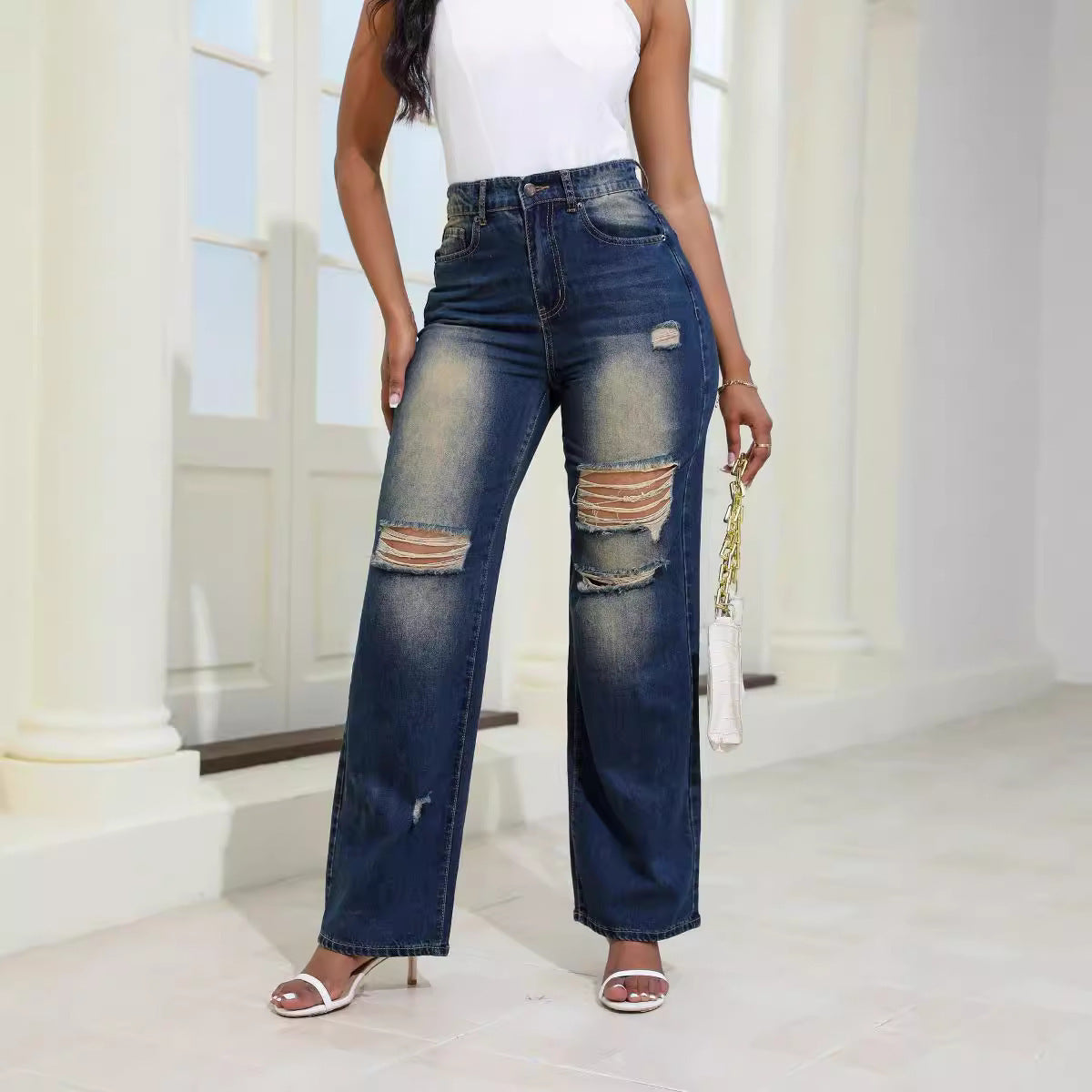Loom & Soul™ High-Waist Ripped Wide-Leg Jeans – Women’s Straight Slim-Fit Denim Pants