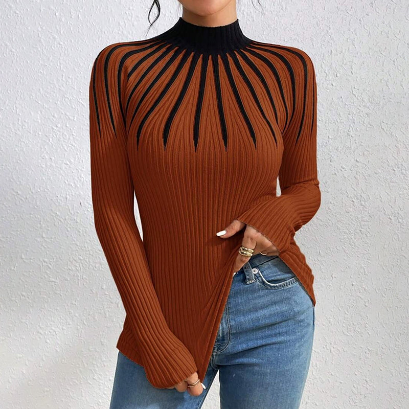 Women’s Slim Fit Mock Neck Sweater – Ribbed Striped Long Sleeve Knit