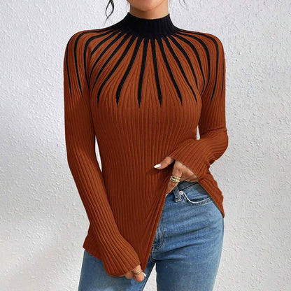 Women’s Slim Fit Mock Neck Sweater – Ribbed Striped Long Sleeve Knit