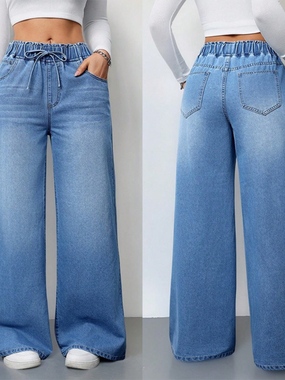 Jean large taille haute pour femme – Denim stretch avec cordon de serrage 2025