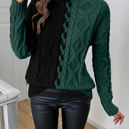 Elegant High-Neck Striped Blouse – Color-Block Knit Long Sleeve Top