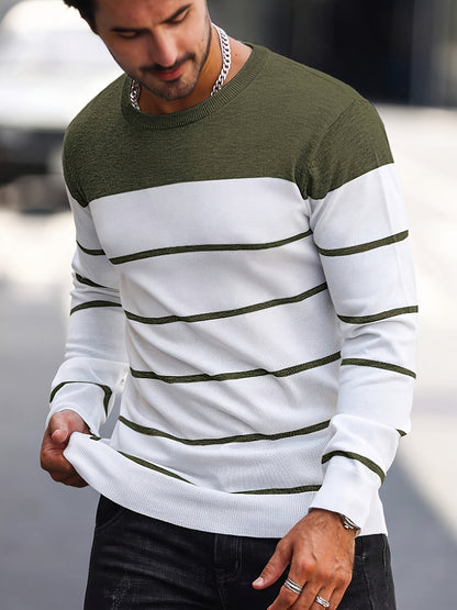 Men’s Navy Striped Knit Sweater – Casual Crew Neck Pullover