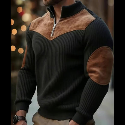 Pull Homme Demi-Zip Col Droit – Sweat Rétro Chaud et Côtelé