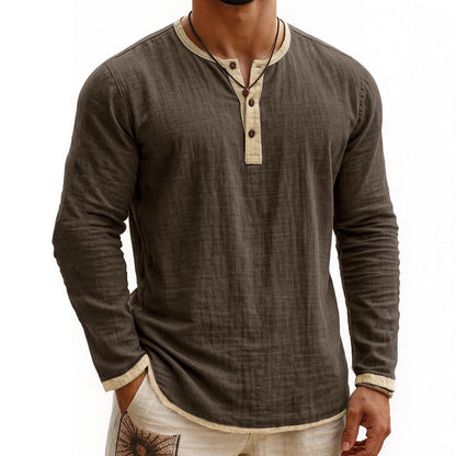 Chemise Henley Homme à Manches Longues Slim Fit à 3 Boutons et Imprimé Numérique Bicolore