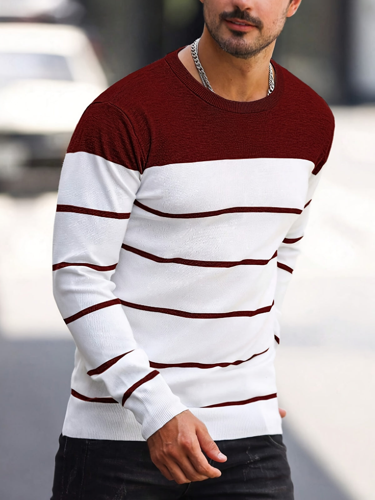 Men’s Navy Striped Knit Sweater – Casual Crew Neck Pullover