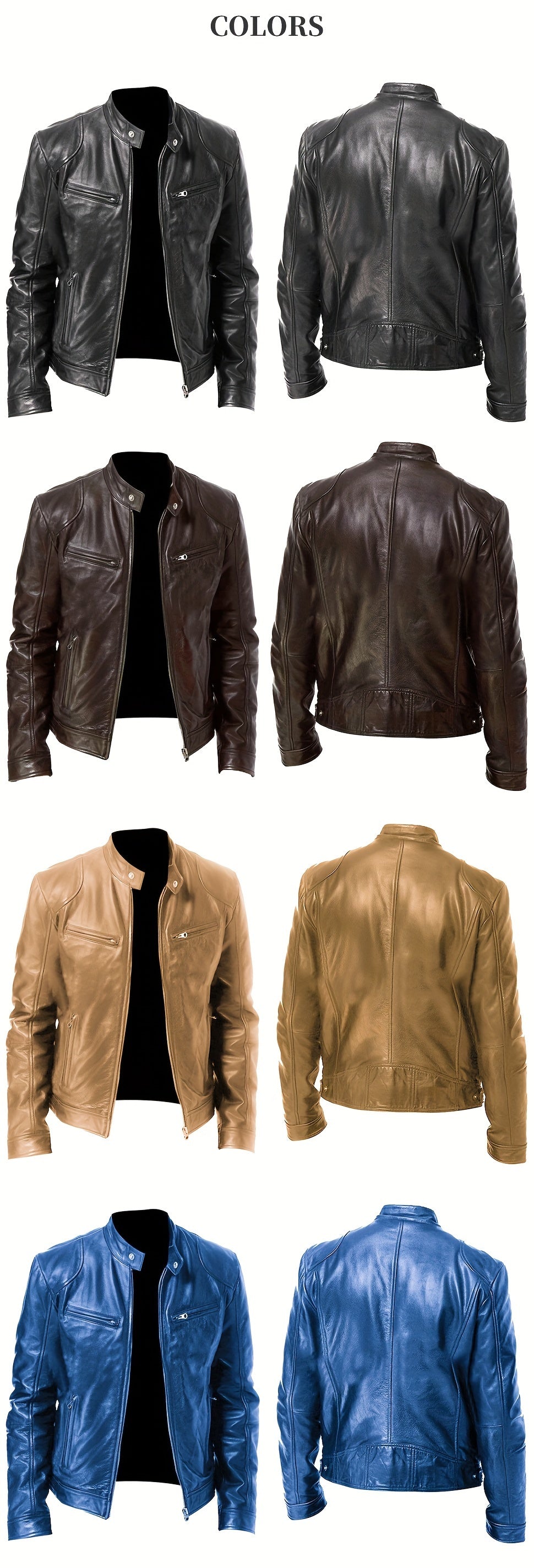 Veste de moto zippée pour homme – Col montant en cuir PU marron