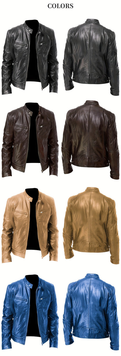 Veste de moto zippée pour homme – Col montant en cuir PU marron