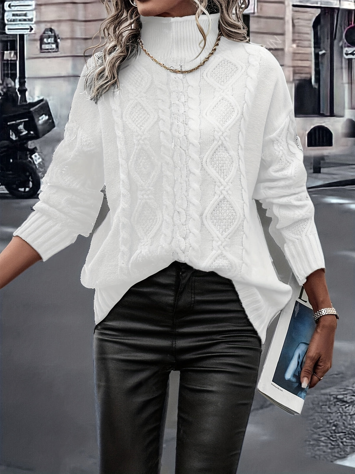 Elegant High-Neck Striped Blouse – Color-Block Knit Long Sleeve Top