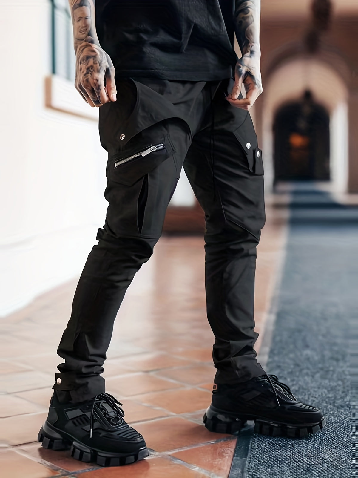 Pantalon cargo noir pour homme – Pantalon streetwear multipoches à cordon de serrage