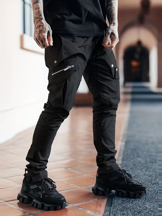 Men’s Black Cargo Pants – Multi-Pocket Drawstring Streetwear Trousers