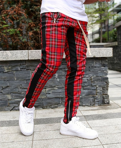 Men’s Red & Black Plaid Joggers – 3D Knit Streetwear Trousers