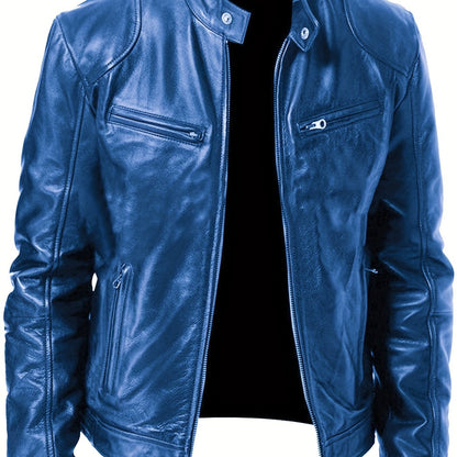 Veste de moto zippée pour homme – Col montant en cuir PU marron