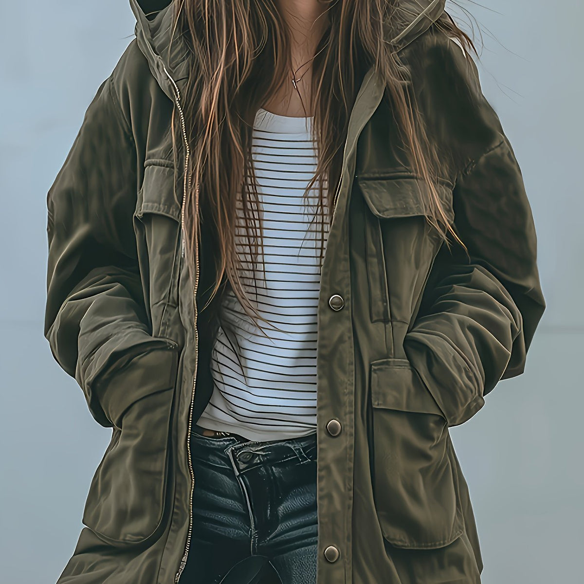 Veste à capuche robuste pour femme, vert olive – Manteau de travail épais toutes saisons